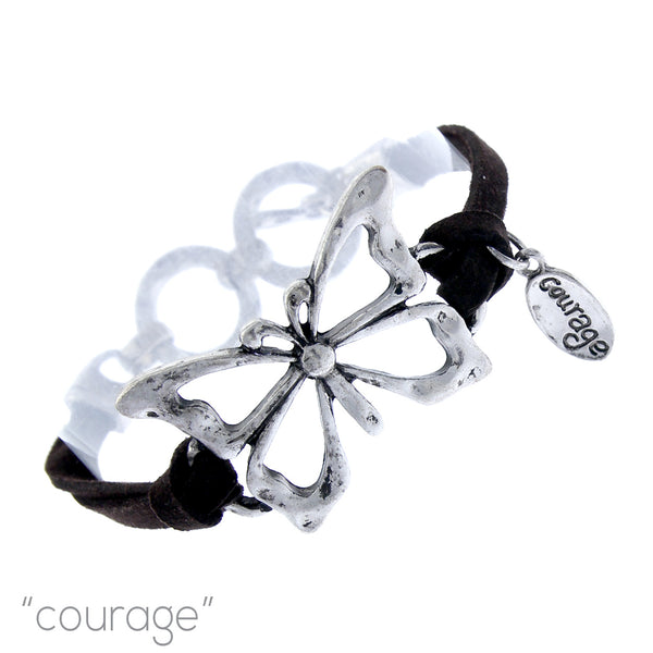 Antique Silver Plated Butterfly Hammered Suede Bracelet (1.75x1in)(8in)