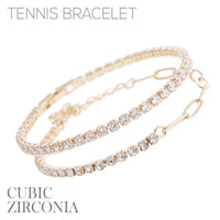 Rhinestone & Cubic Zirconia 2 Tennis Bracelet Chain in Silver or Gold (7in/6.5+1.5in)