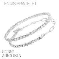 Rhinestone & Cubic Zirconia 2 Tennis Bracelet Chain in Silver or Gold (7in/6.5+1.5in)