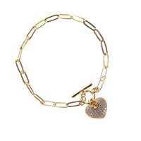 Cubic Zirconia Puffy Heart Toggle Bracelet in Silver or Gold (7.5in)(1.4x0.9in)