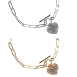 Cubic Zirconia Puffy Heart Toggle Bracelet in Silver or Gold (7.5in)(1.4x0.9in)