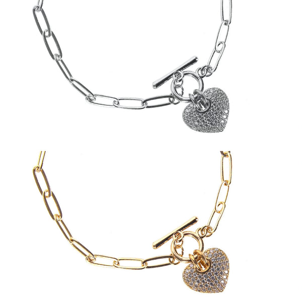 Cubic Zirconia Puffy Heart Toggle Bracelet in Silver or Gold (7.5in)(1.4x0.9in)