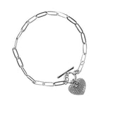Cubic Zirconia Puffy Heart Toggle Bracelet in Silver or Gold (7.5in)(1.4x0.9in)