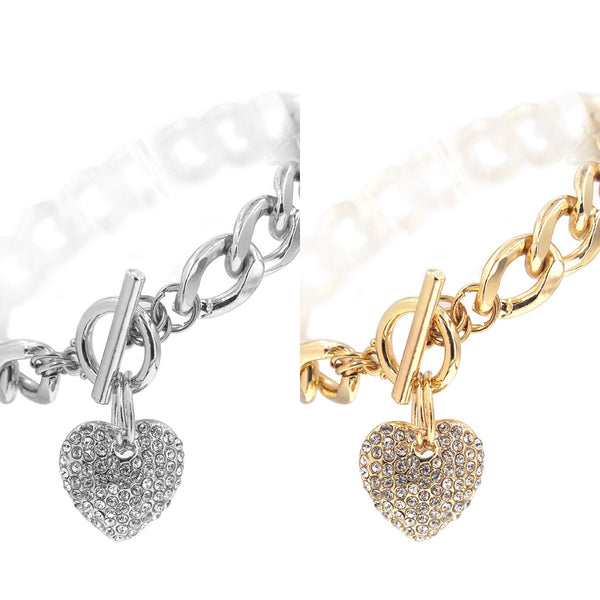 Puffy Pave Crystal Heart Toggle Bracelet in Silver or Gold (0.7x0.7in)(8.5in)