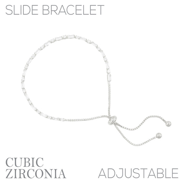 Cubic Zirconia Baguette Round Slider Tennis Bracelet in Silver or Gold