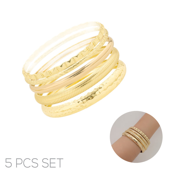 Gold Plated 5 Piece Bangle Bracelets (84544)(2.6in)