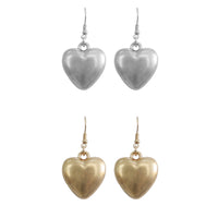 Puffy Heart Earrings in Worn Silver or Gold Plated (1.2x1.67in)