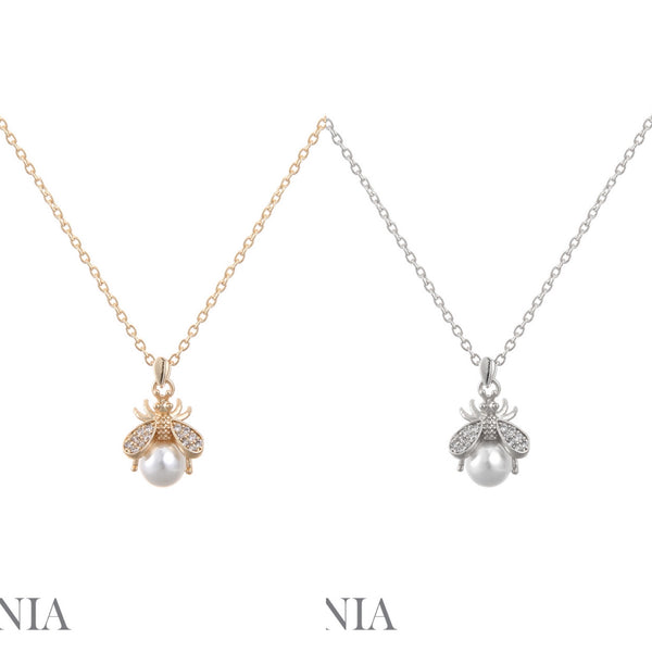 Cubic Zirconia Pearl Cute Bee Pendant Necklace Rhodium or Gold Plated (16+3in)