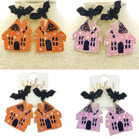 Haunted House & Bat Seed Bead Earrings - Beaded, Halloween (2x2.75in)