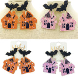 Haunted House & Bat Seed Bead Earrings - Beaded, Halloween (2x2.75in)