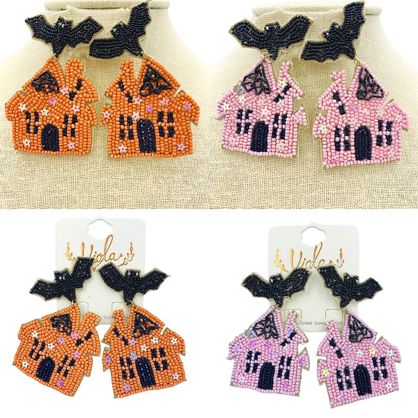 Haunted House & Bat Seed Bead Earrings - Beaded, Halloween (2x2.75in)