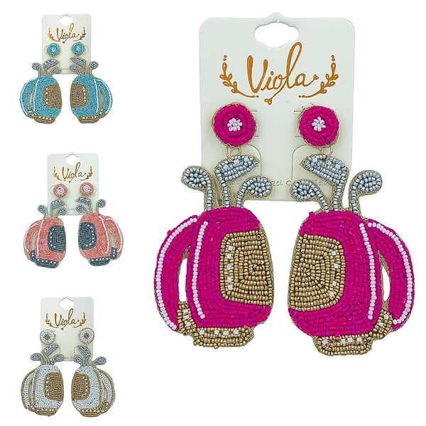 Golf Bag Seed Bead Earrings - Available 4 Colors, Sports, Beaded (1.5x3.25in)