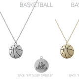 "Eat, Sleep, Dribble!" Basketball Pendant Necklace in Silver or Gold (18+2in)