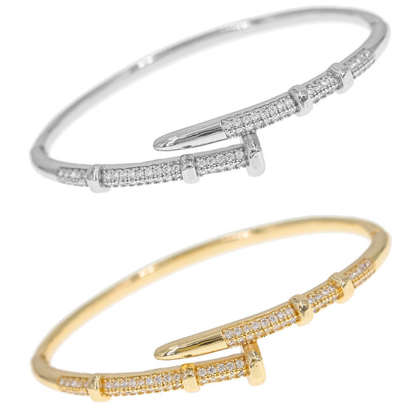 Cubic Zirconia Hinged Nail Bracelet in Silver or Gold (2x2.37in)