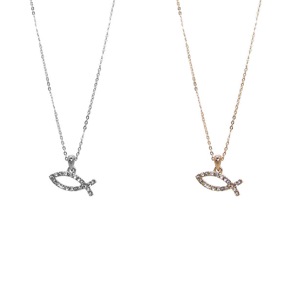 Jesus Fish Necklace in Silver or Gold Tone (0.6x0.2inin)(16+3in)