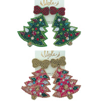 Green or Pink Christmas Tree Crystal Seed Bead Earrings - Beaded (2x2.5in)