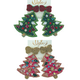 Green or Pink Christmas Tree Crystal Seed Bead Earrings - Beaded (2x2.5in)
