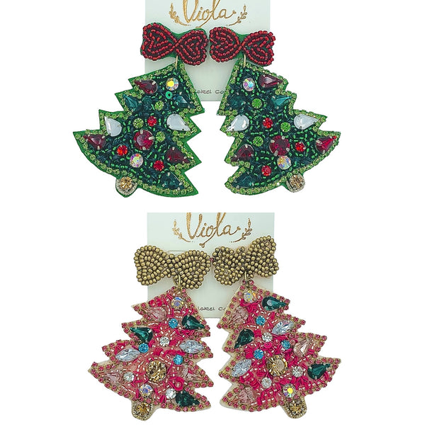 Green or Pink Christmas Tree Crystal Seed Bead Earrings - Beaded (2x2.5in)