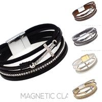 Cross Leather Magnetic Clasp Bracelet - 5 Colors (7.75in)