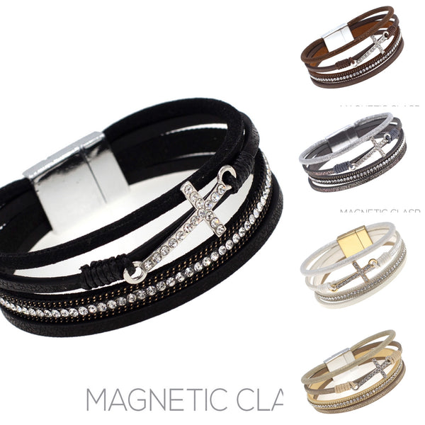 Cross Leather Magnetic Clasp Bracelet - 5 Colors (7.75in)