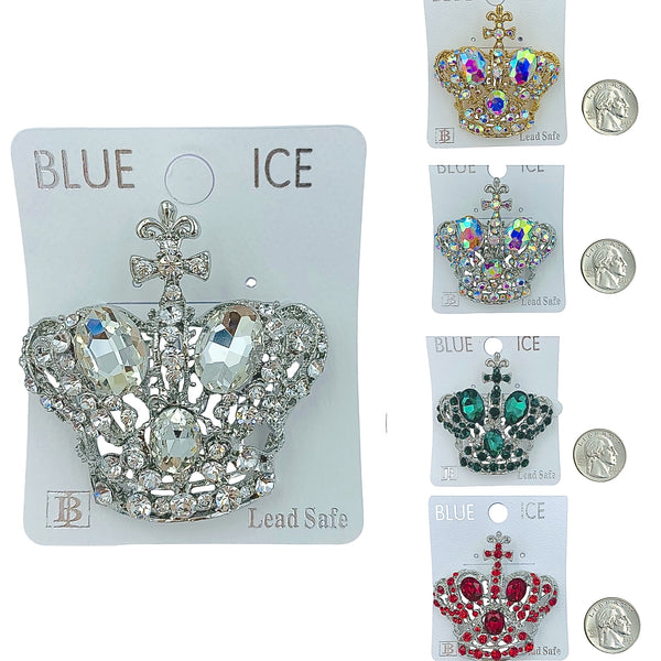 Royal Crown w/ Cross Top Pin Brooch - 10 Colors Available (06626)(2x2in)