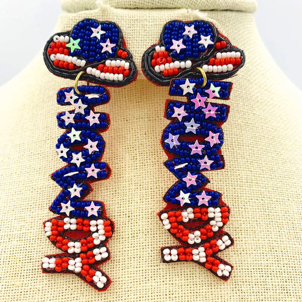 "HOWDY" Patriotic USA America Beaded Earrings (3.0x1.25in)