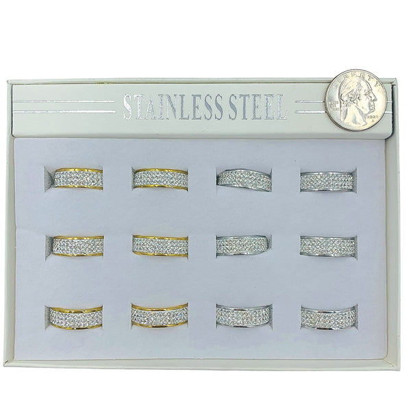 Bulk 12 PCS Stainless Steel Crystal Studded Band Rings (IRI-938)