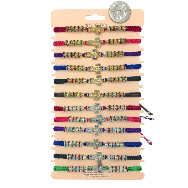 Bulk 12 PCS Drawstring Cross Guadalupe Charm Bracelets (IBR-2075DK)