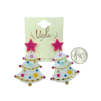 Acrylic Christmas Tree Pink Star Earrings in Green or White (13-6623GGR)