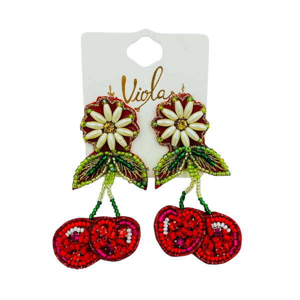 Beaded Red Cherry Earrings - Seed Bead (1.5x2.9in)