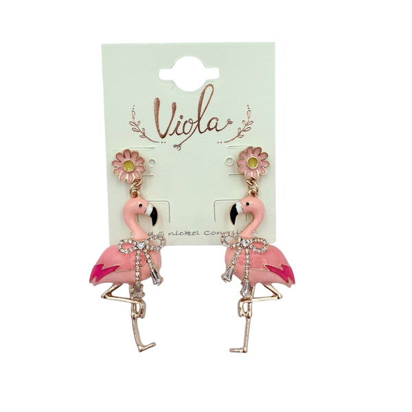 Flower & Bowtie Pink Flamingo Earrings (1x2.25in)