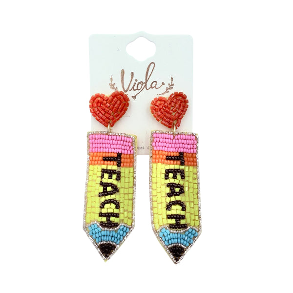 Pencil & Heart Teacher Beaded Earrings (0.8x3.25in)