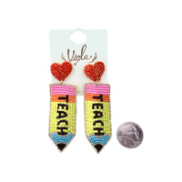 Pencil & Heart Teacher Beaded Earrings (0.8x3.25in)