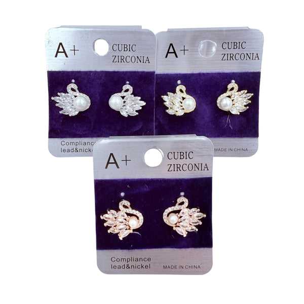 Cubic Zirconia & Pearl Swan Stud Earrings (CZ-334)(0.6x0.5in)