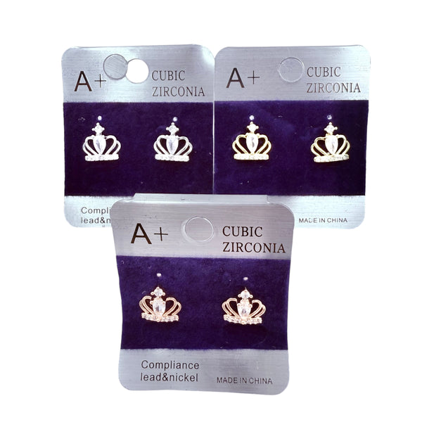 Cubic Zirconia Crown Stud Earrings (CZ-358)(0.5x0.4in)