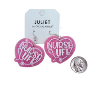 "Nurse Life" Pink Heart Earrings (1.77x1.6in)