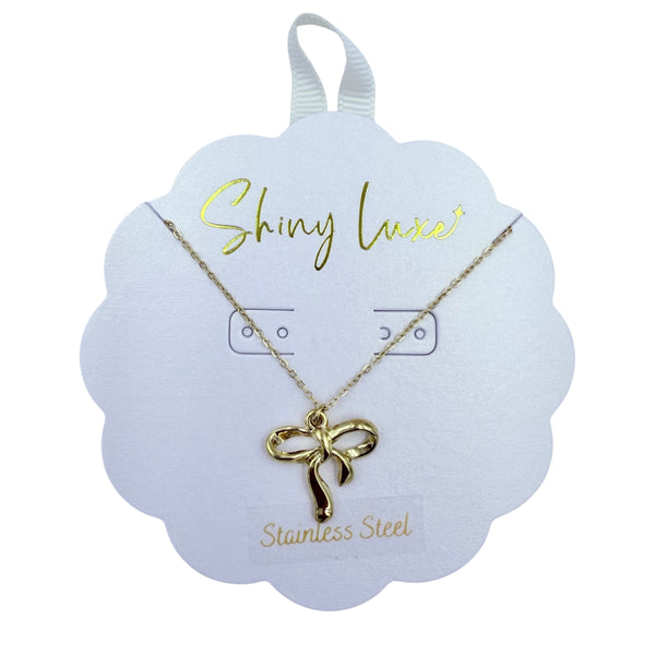 Stainless Steel Gold Plated Ribbon Bow Necklace (16+3in)
