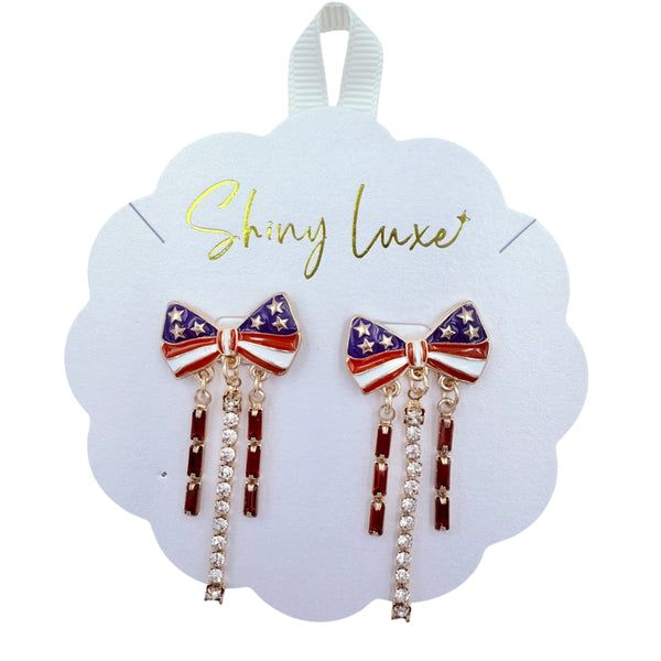 USA Themed Patriotic Ribbon Bow Tassel Earrings (0.8x2in)