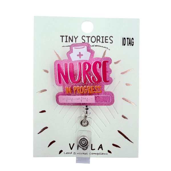 Nurse In Progress Pink Glitter Retractable ID Holder (1.75x4in)