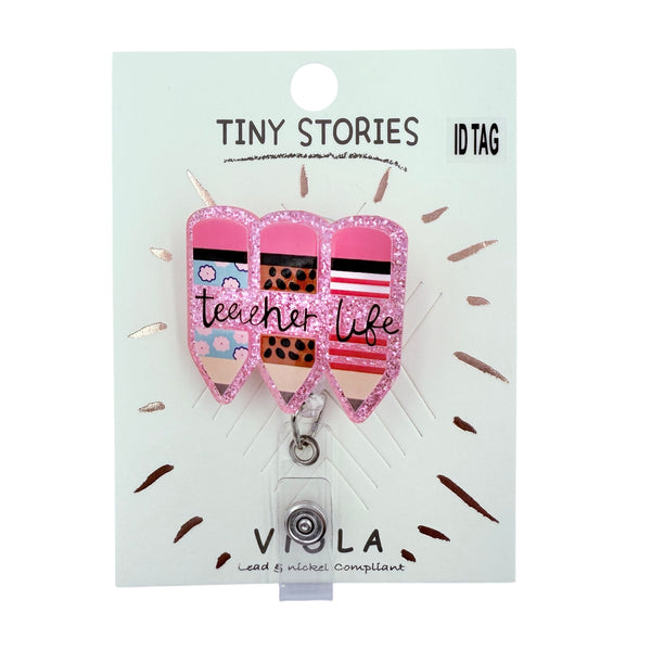 Teacher Life Pink Glitter Retractable ID Holder (1.75x3.5in)
