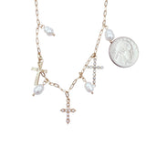 Mother of Pearl Multi-Cross Charm Paperclip Necklace (16+3in)