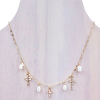 Mother of Pearl Multi-Cross Charm Paperclip Necklace (16+3in)