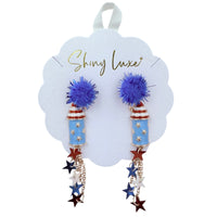 USA Patriotic Rocket Pom Pom Dangle Earrings (0.5x3in)