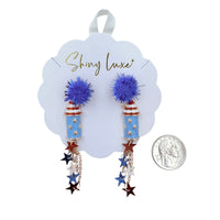 USA Patriotic Rocket Pom Pom Dangle Earrings (0.5x3in)