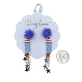 USA Patriotic Rocket Pom Pom Dangle Earrings (0.5x3in)