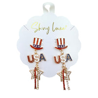 USA Patriotic Top Hat USA Star Dangle Earrings (1x2.75in)