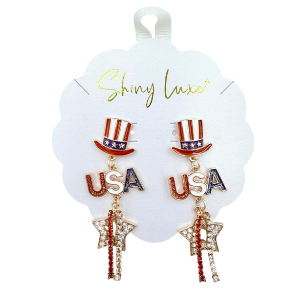 USA Patriotic Top Hat USA Star Dangle Earrings (1x2.75in)