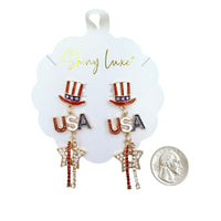 USA Patriotic Top Hat USA Star Dangle Earrings (1x2.75in)