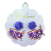 USA Patriotic 'Merica Pom Pom Dangle Earrings (1.25x1.5in)
