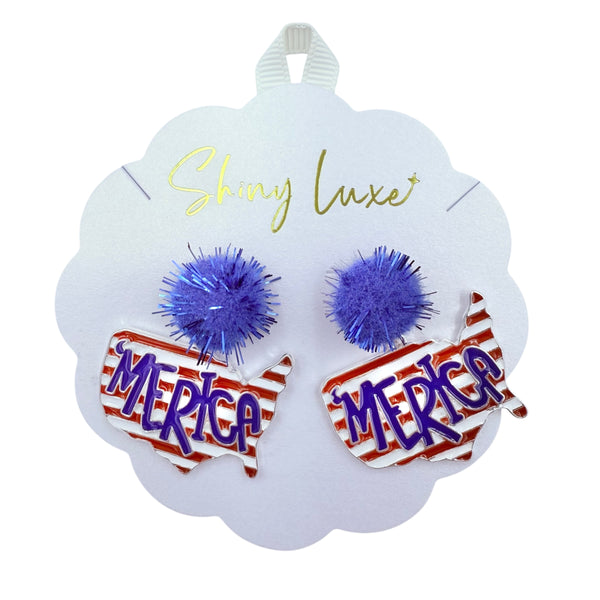USA Patriotic 'Merica Pom Pom Dangle Earrings (1.25x1.5in)